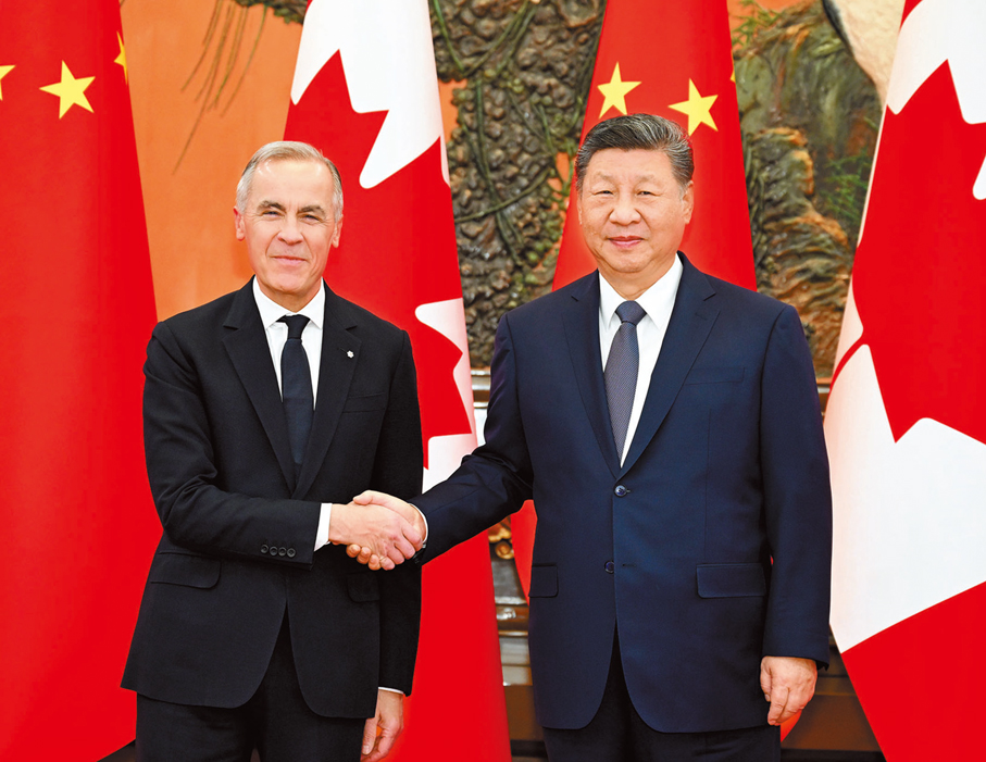 ●1月16日上午，國家主席習近平在北京人民大會堂會見來華進行正式訪問的加拿大總理卡尼。 新華社