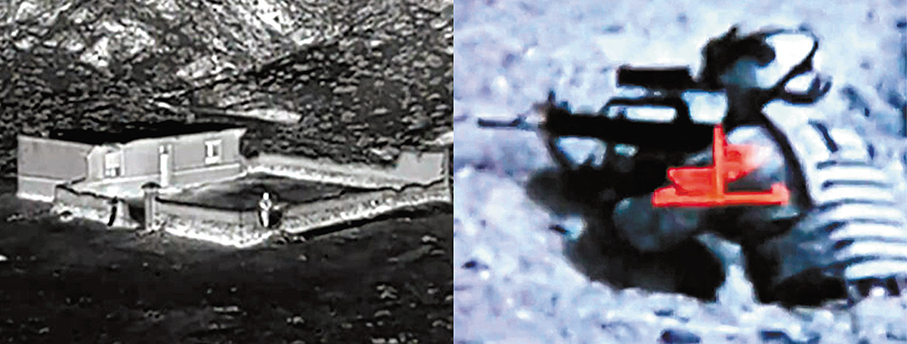 ●特戰隊員持軍用弩實施「無聲狙殺」獨立房屋西側遊蕩的哨兵。 央視截圖