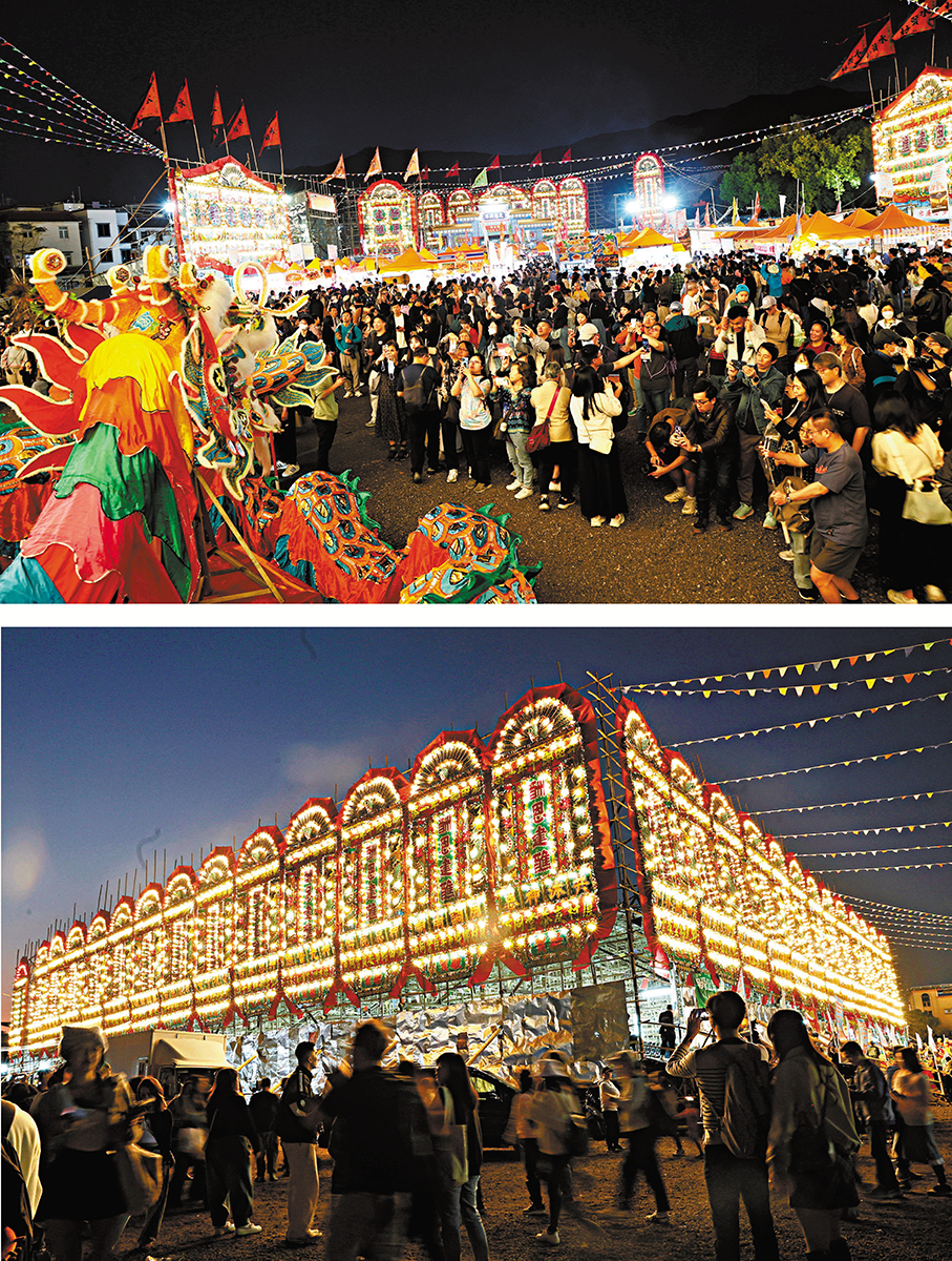 最大竹祭壇●以大型醮棚為活動重心的錦田鄉酬恩建醮，吸引大量市民遊客參觀體驗。
