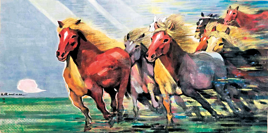 ●《追光馳騁》紙本設色68cm×138cm。（2026年） 作者畫作