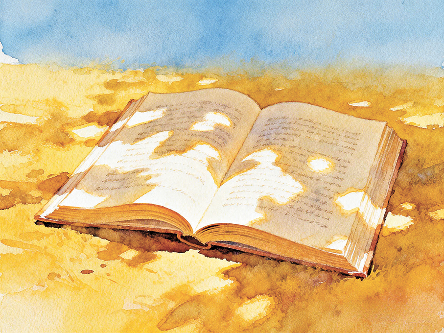 ●金黃的光攤在書頁上。 AI繪圖