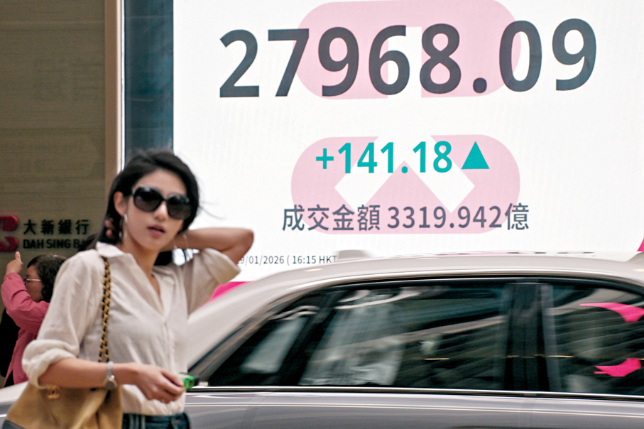 ●恒指昨日一度升穿28,000點大關，是2021年7月中以來首次，最終收報27,968點，升0.51％。 中新社