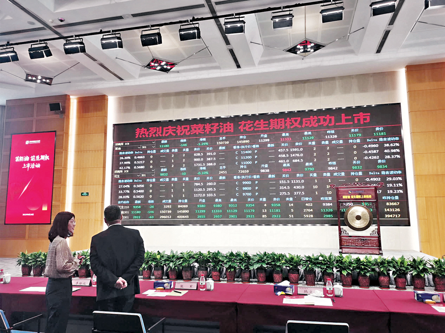 ●圖為鄭州商品交易所大屏顯示實時行情。 資料圖片