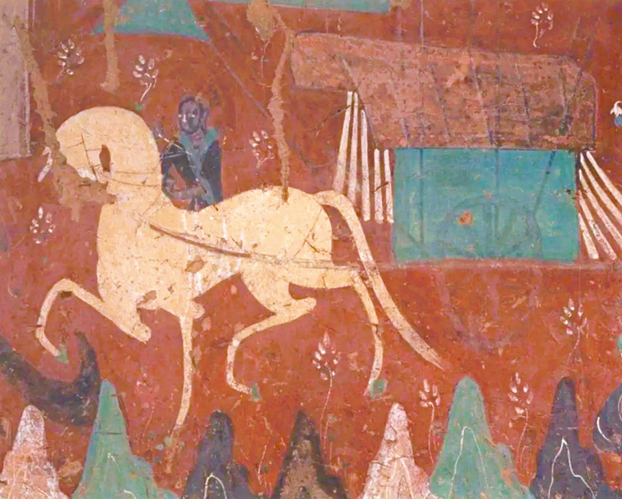 ●257窟《鹿王本生》中為國王拉車的白馬特別有個性。 作者供圖