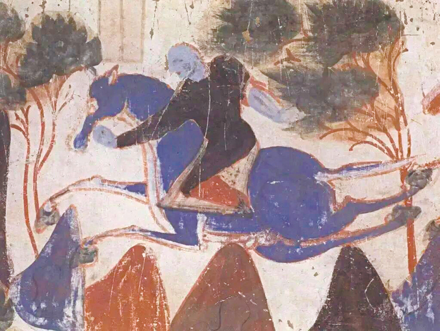 ●428窟壁畫中王子騎的藍色駿馬四蹄幾乎與地面平行。 作者供圖