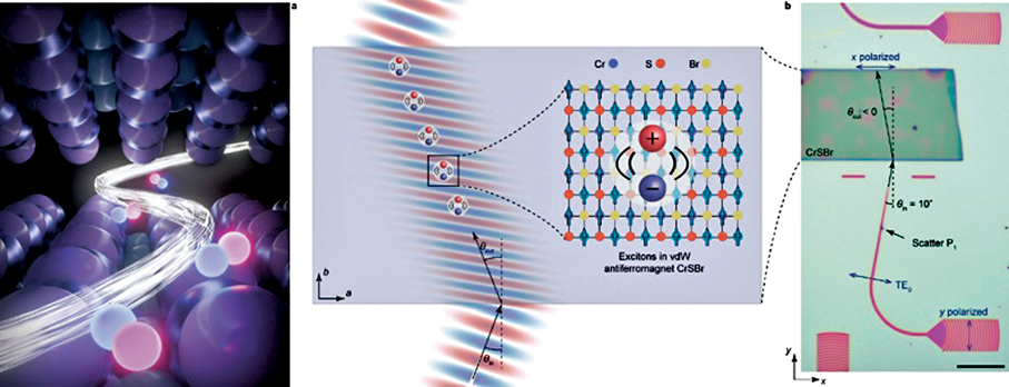 ●磁序介導的激子負折射概念與微型器件示意圖。 港大圖片