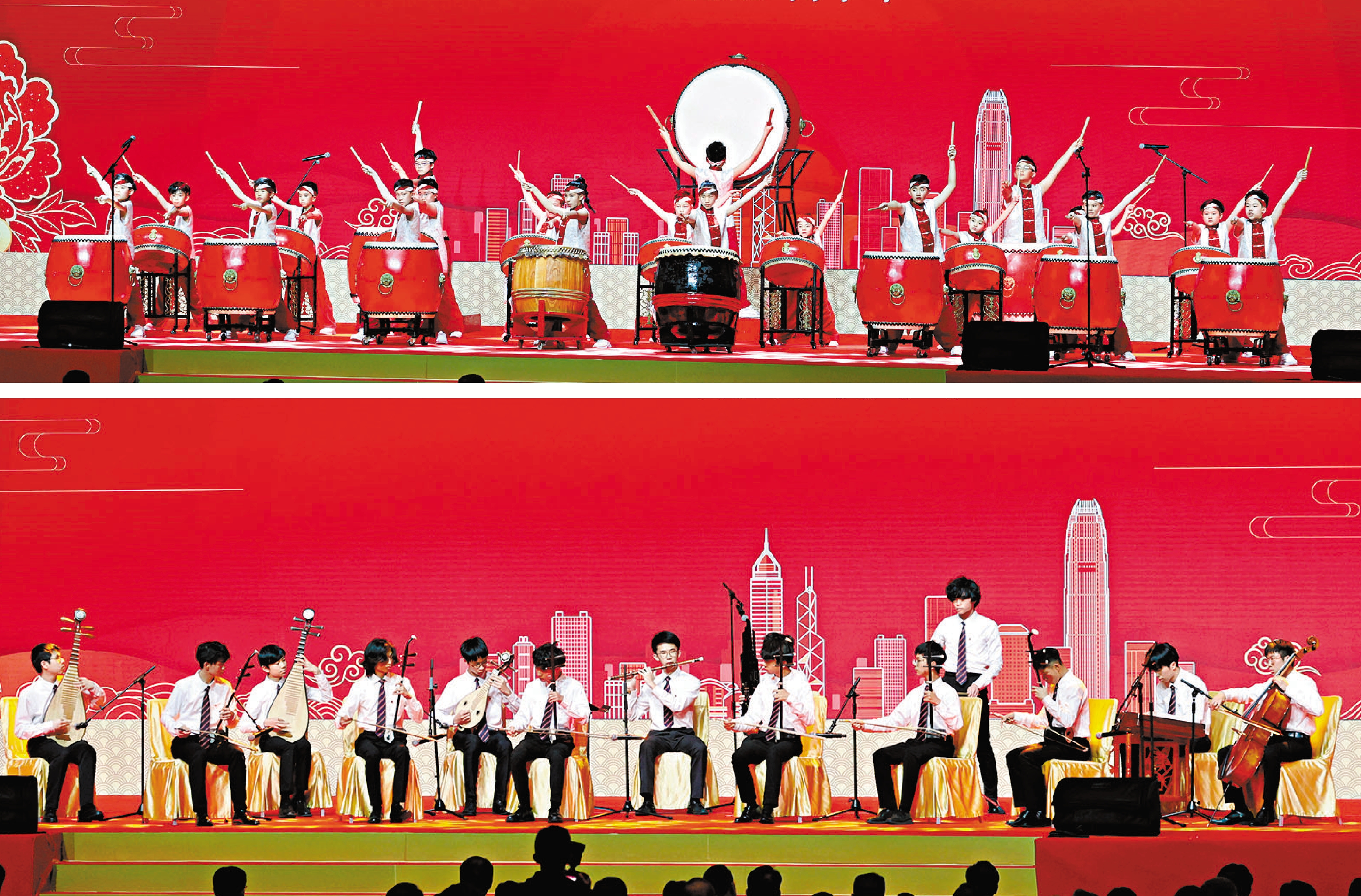 ●滬江小學鼓樂團表演《萬馬歡騰》（上圖）、拔萃男書院中樂團表演改編版《賽馬》（下圖）。 香港文匯報記者曾興偉 攝