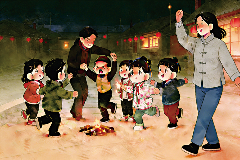 ●福建傳統習俗「跳火群」，寓意驅走霉運邪氣。 AI生成圖片