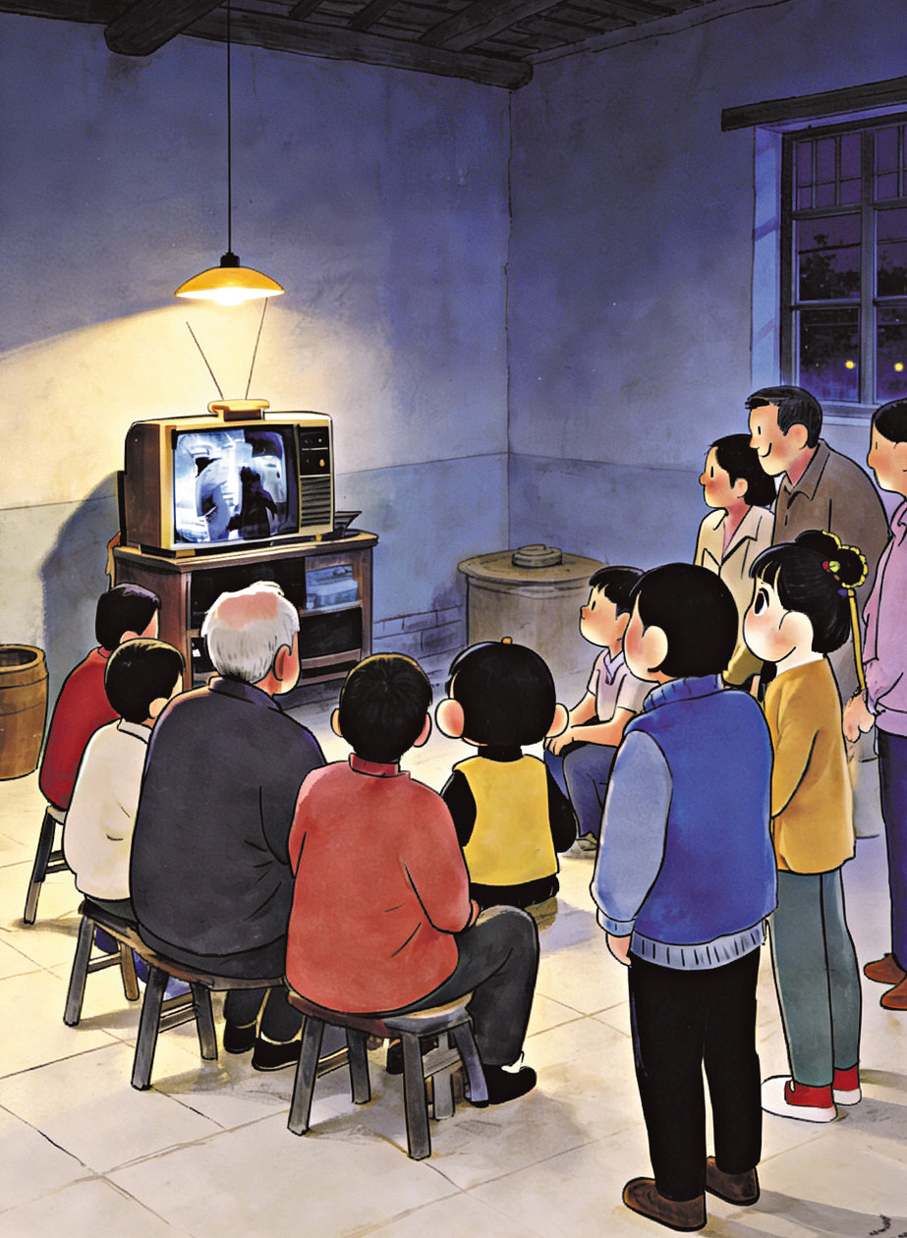 ●許正宇難忘與村裏的小朋友一起到村長家圍坐看電視。 AI生成圖片