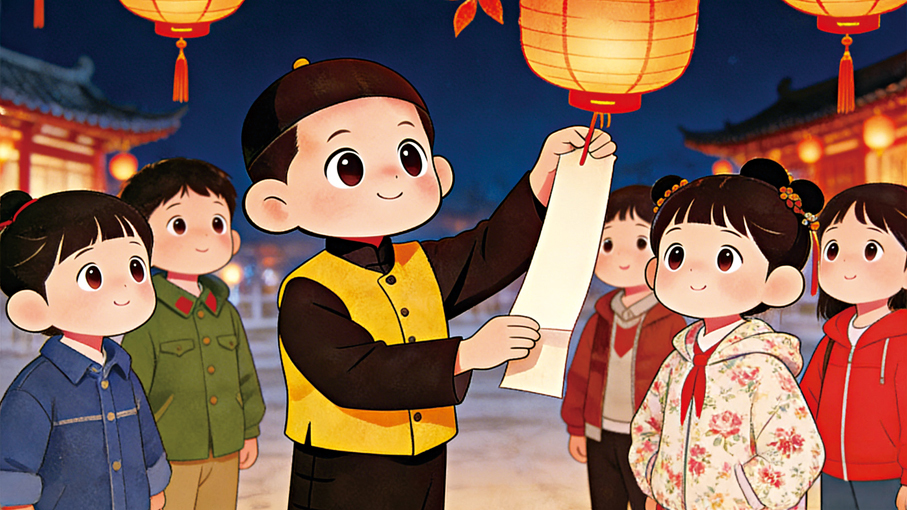 ●許正宇喜愛與朋友一起到村中學校猜燈謎。 AI生成圖片