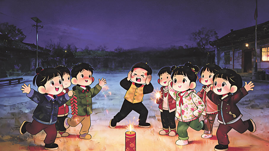 ●鄉間小朋友愛放鞭炮，但許正宇喜靜，並不太喜歡。 AI生成圖片