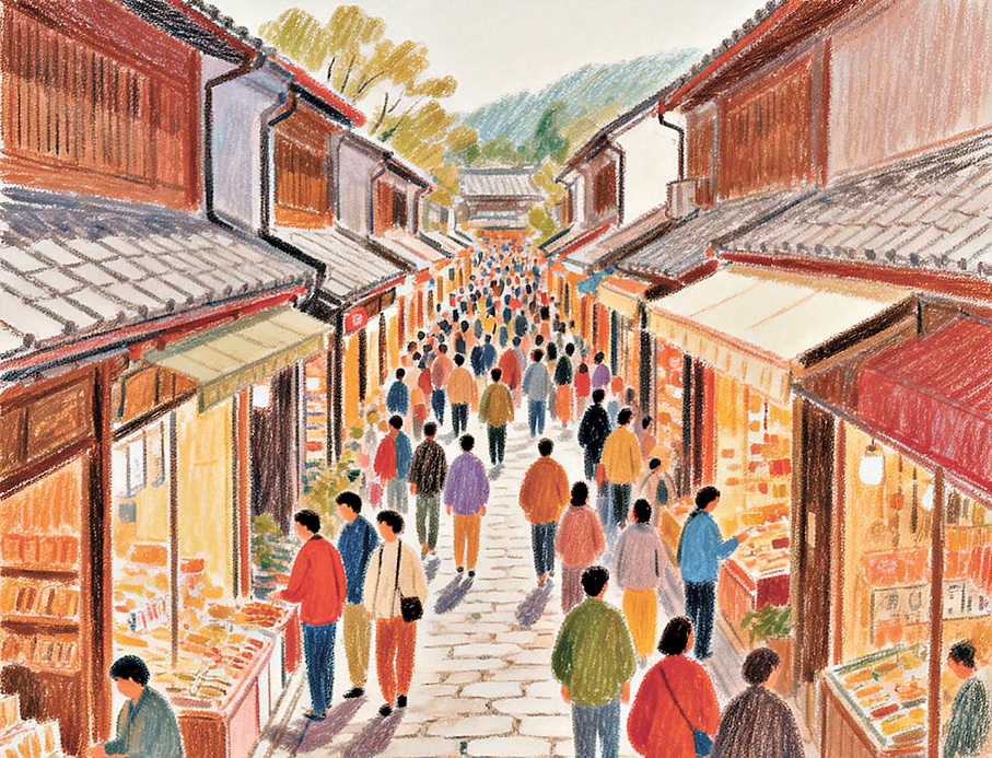 ●兩旁的店舖成了岸，中間的人流便是河水。 AI繪圖