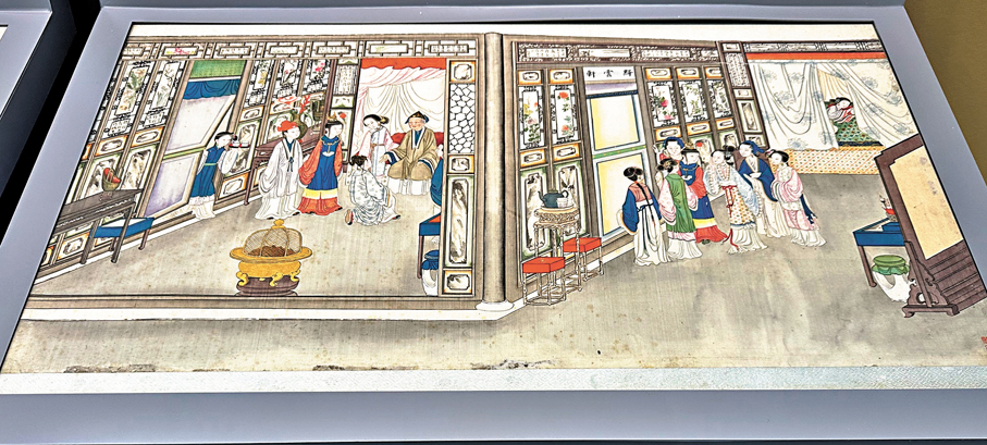 ●旅順博物館收藏的孫溫、孫允謨所繪《紅樓夢》畫冊之「晴雯笑貼絳雲軒匾 寶玉領秦鍾拜賈母」。