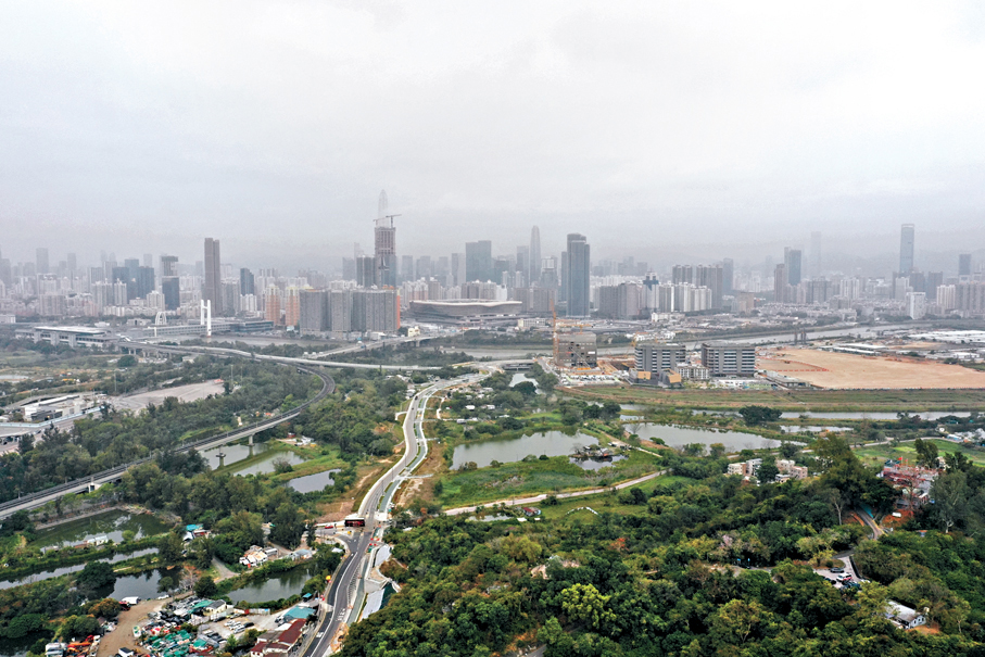 ●河套香港園區（圖內右側）與鄰近的新田地區（圖內左側）為北都區創科主力地帶。 香港文匯報記者曾興偉  攝