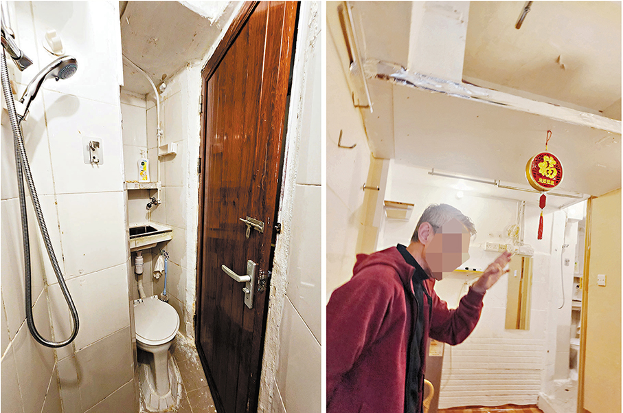 畸形設計●紅衣人（右圖）介紹筲箕灣劏房單位。單位設計怪異，馬桶正好擋住門口（左圖），導致大門只能打開約45度，進出需側身穿過。
