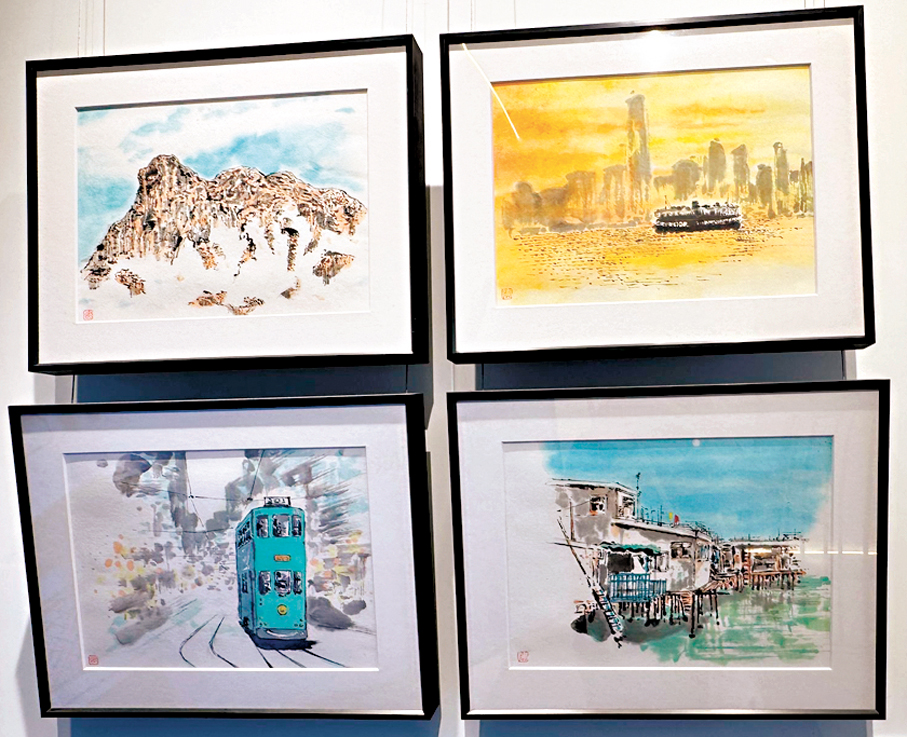 ●唐樓下層正進行水墨畫展覽。 圖中作品為黃偉建《獅子山下》、《維港小輪》、《香港電車》、《大澳水響》