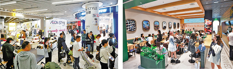 ●啟德零售館商戶表示，昨日優惠成功帶動人流，不少家庭參與園內活動後，就順道購物（左圖）兼用餐（右圖）。 香港文匯報記者郭木又  攝