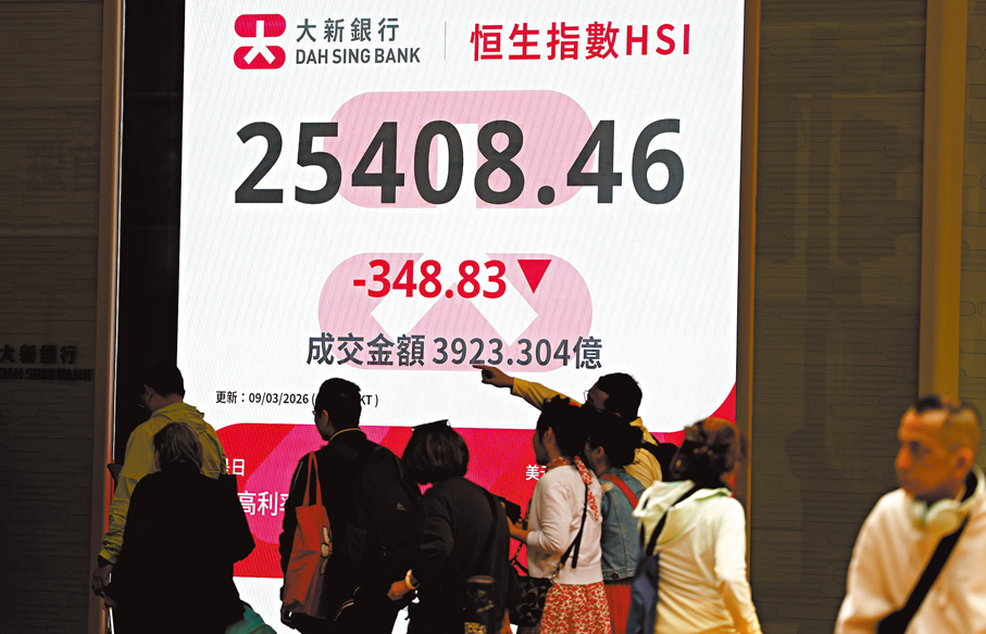 ●恒生指數昨收報25,408點，全日跌348點，主板成交金額約3,923億元。 中通社