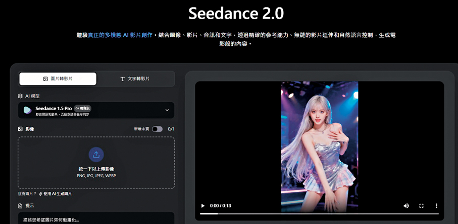 ●字節跳動旗下AI影片生成模型Seedance 2.0震撼全球影視界。 官網圖片