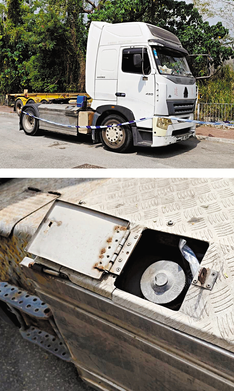 ●屯門4輛貨車共被偷去逾3萬元油渣。左圖為貨車油缸遭掀蓋。 香港文匯報記者林兆崙 攝