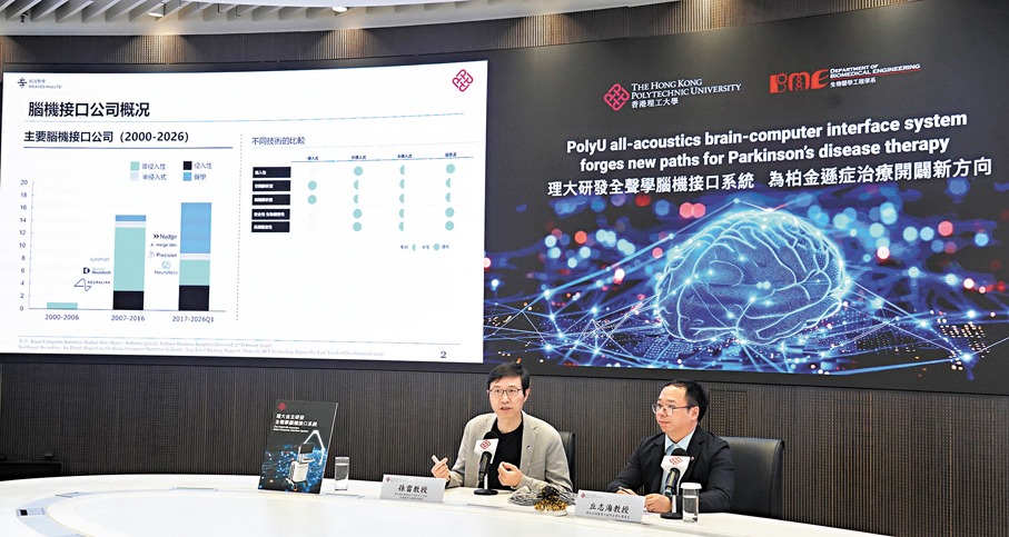 ●港理大研發「全聲學腦機接口系統」應用超聲波神經調控技術，冀為柏金遜症提供新一代無創療法。左起：孫雷、丘志海。  香港文匯報記者曾興偉  攝