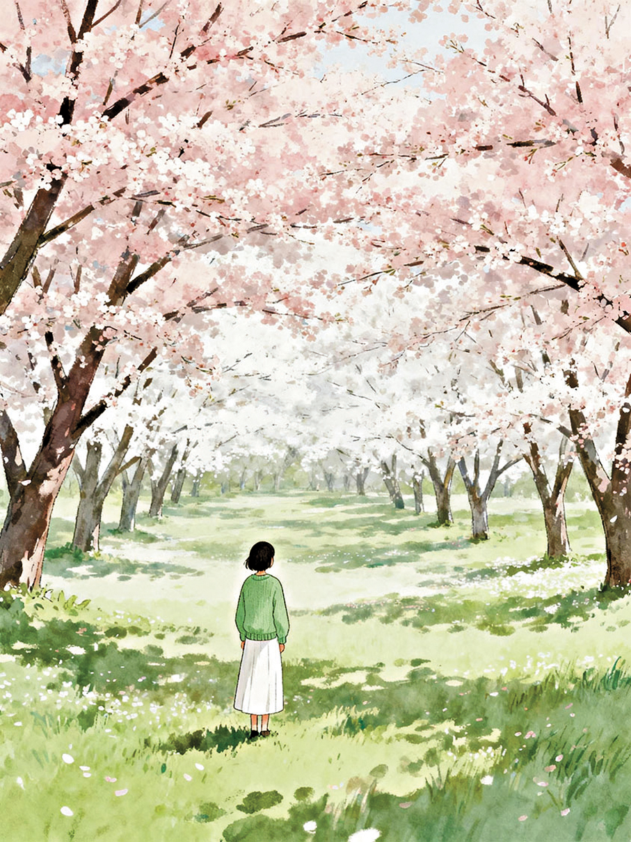 ●十五年前的春天，她站在櫻花樹下。  AI繪圖
