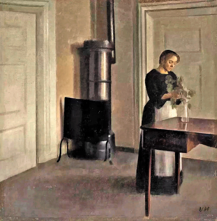 ●哈默修伊《室內場景：女子將樹枝插在桌上的花瓶》以164.2萬英鎊成交。