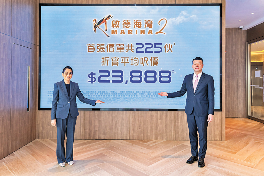 ●「啟德海灣」第2期昨日公布首張價單，折實平均呎價為23,888元，較2023年10月推出的第1期首批折實平均呎價19,798元高出20.7%。