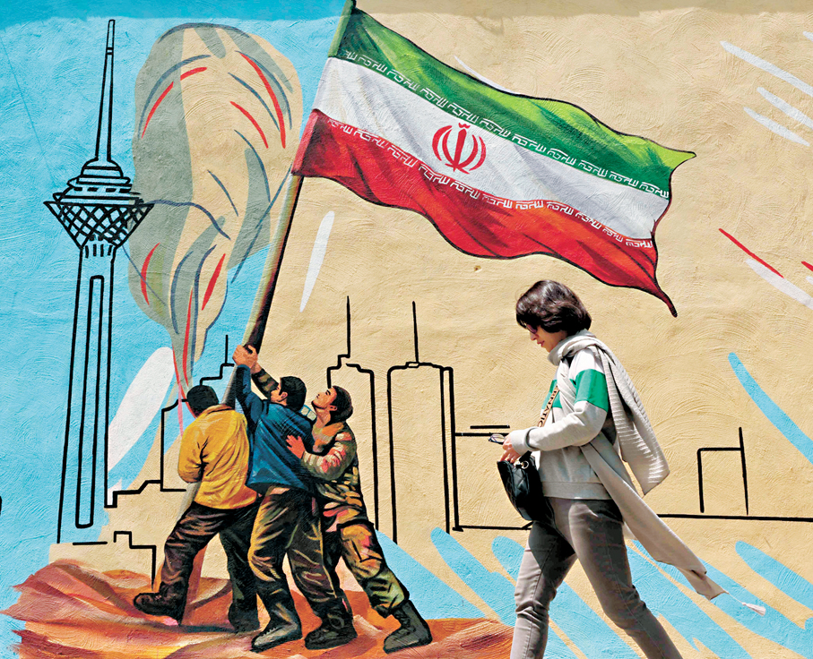 ●一名伊朗婦女在德黑蘭走過一幅反美壁畫。法新社