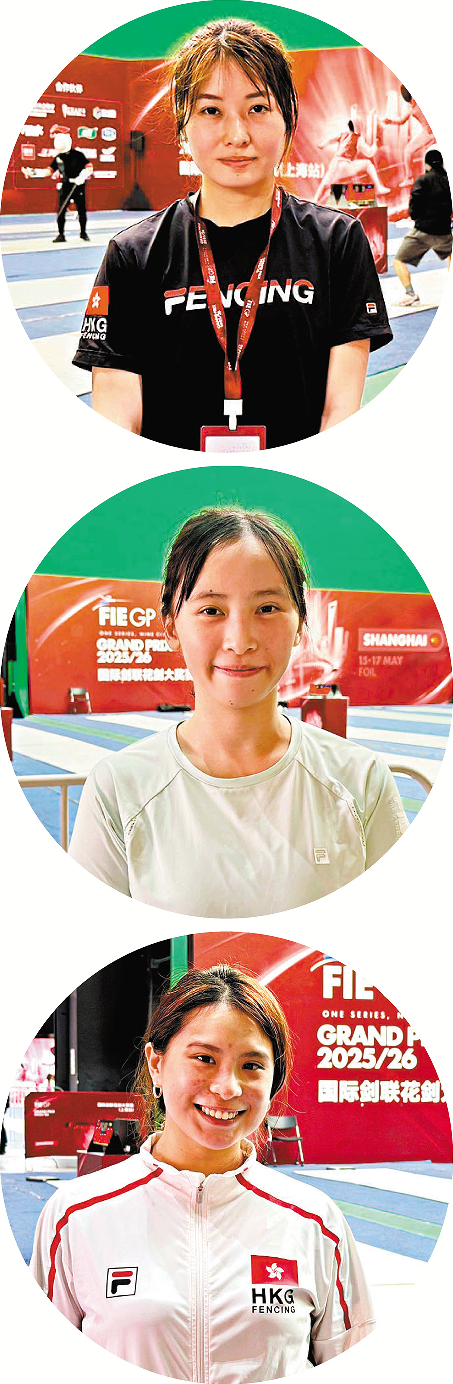 ●（由上至下）鄭曉為、符妤名與梁雅蕾大獎賽後未言氣餒，齊放眼亞錦賽衝擊團體獎牌。