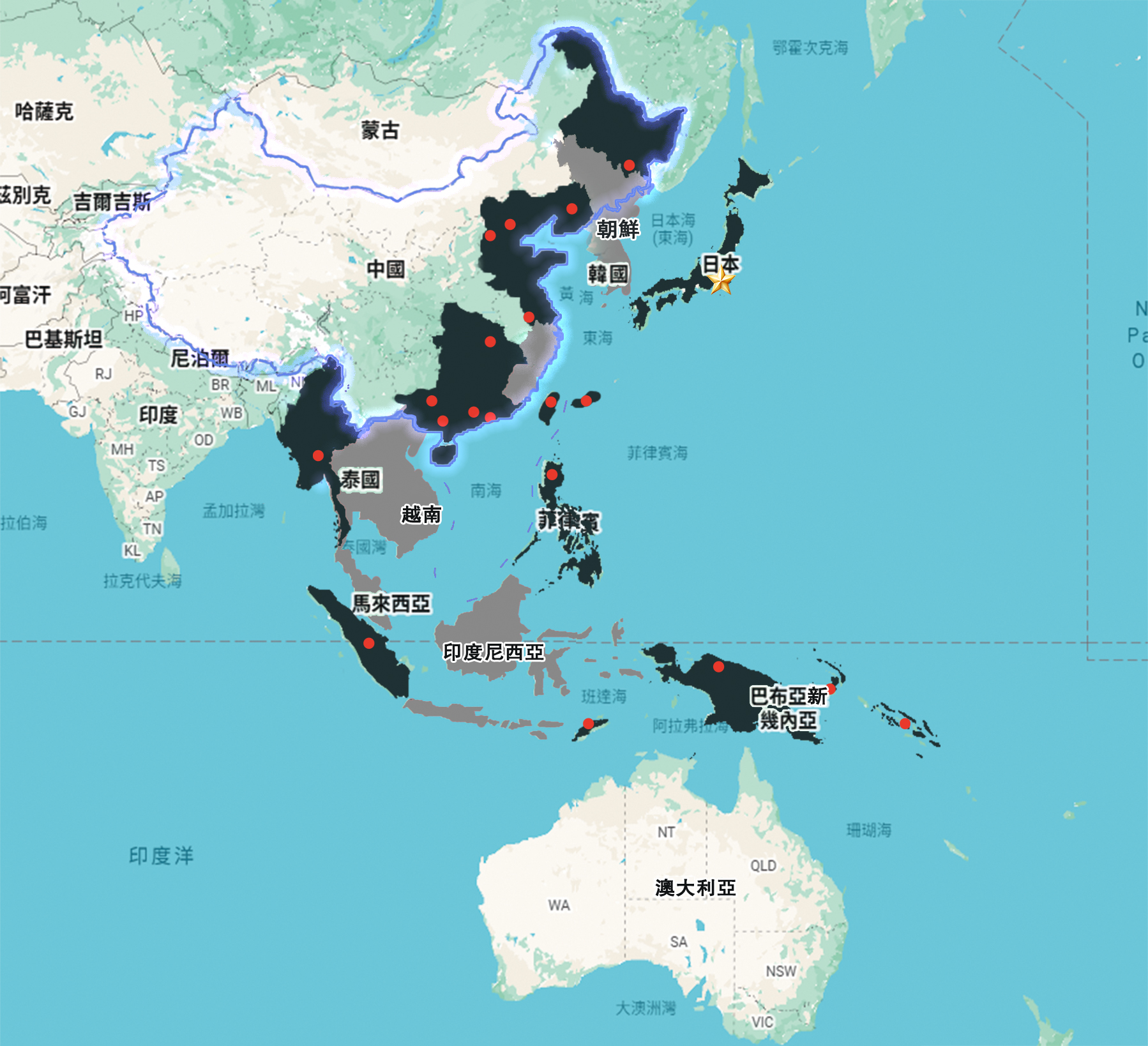 ●日軍細菌戰罪行對東亞造成大範圍的影響。紅點表示日軍防疫給水部的駐地，黑色部分表示日軍防疫給水部的轄區，灰色部分表示日軍防疫給水部的活動範圍。製圖：香港文匯報新聞調查部