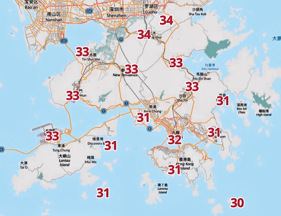 ●佛誕日上水及打鼓嶺溫度將達34度，沙田及大埔等多區溫度將達33度。