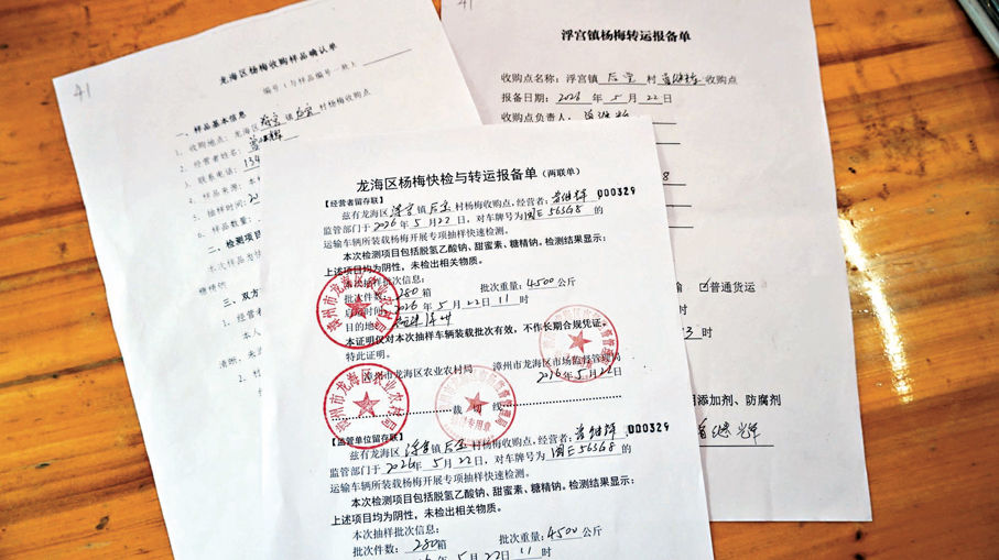 ●檢測點內，工作人員告知，樣品15分鐘即可出檢，並給農戶發放快檢與轉運報備單、楊梅收購樣品確認單等。