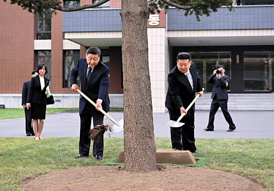 ●6月9日，中共中央總書記、國家主席習近平在朝鮮勞動黨總書記、國務委員長金正恩陪同下，參訪位於平壤的朝鮮勞動黨中央幹部學校。這是在教學樓之間的林地上，習近平和金正恩共同種下一株樅樹。 新華社