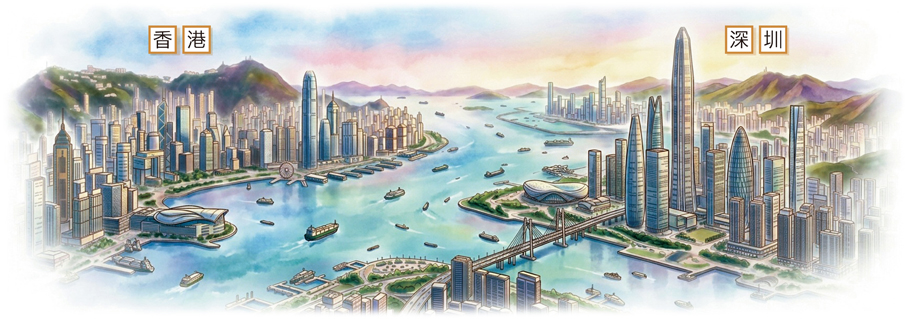 ●深港歷經29年深度融合，完善的交通基建徹底重塑了雙城時空格局，讓跨城生活成為常態。香港文匯報AI製圖
