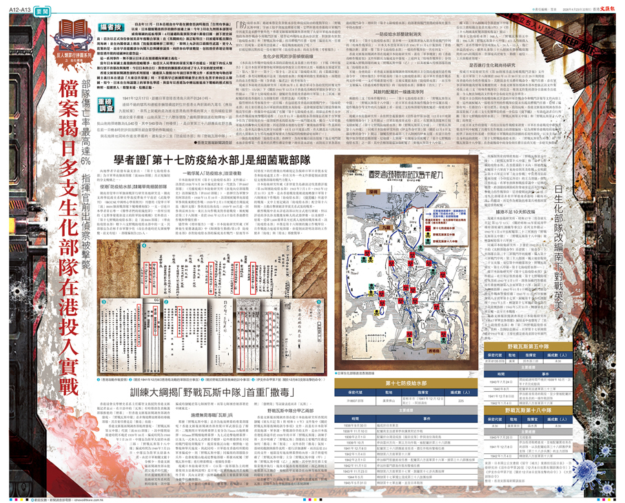 ●香港《文匯報》早前出版侵華日軍反人類罪行拼圖系列之一《檔案揭日多支生化部隊在港投入實戰》。
