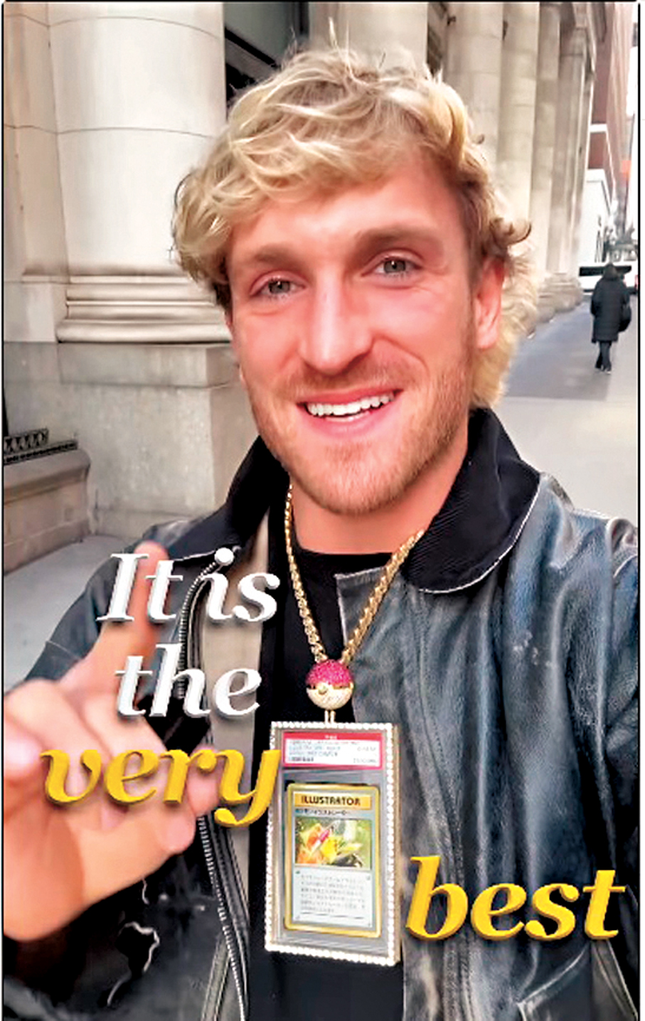 知名網紅Logan Paul曾持有的「比卡超插畫家」，今年造出天價拍賣紀錄。圖為其戴着那卡片的Ig影片截圖。