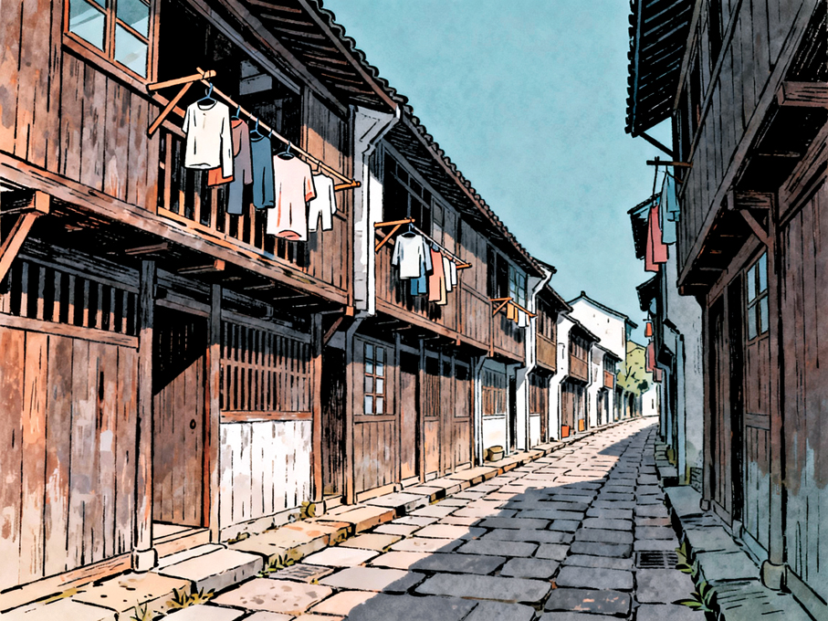 ●街兩旁的屋子，多是木板房。 AI繪圖