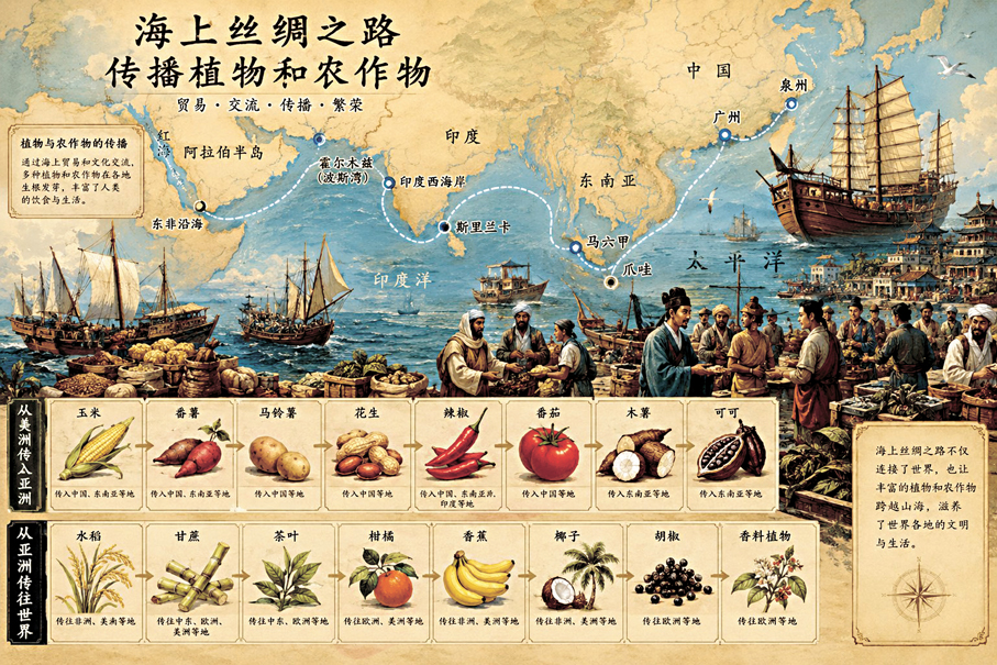 ●海上絲綢之路傳播了多種植物和農作物。 AI繪圖