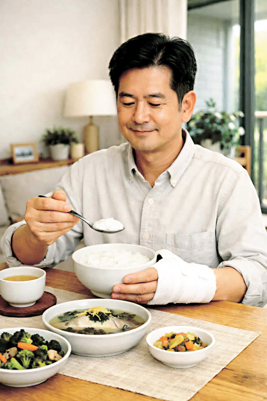 ●急性期飲食以清淡為主，多吃蔬菜、魚湯、粥，幫助散瘀。