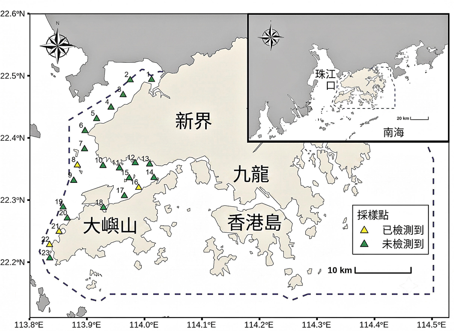●團隊利用新開發的技術，於2025年1月至9月期間，在香港西部海域23個地點進行檢測，合共收集到414個自然海水樣本。嶺大供圖