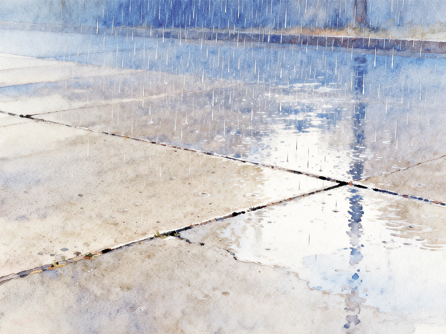 ●看雨簾密密地織着，看院子裏濺起的水花。 AI繪圖