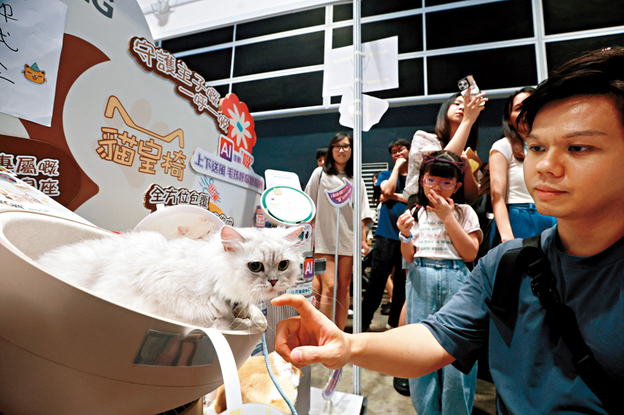 ●飼主帶同「主子」到貓迷博覽會，讓愛寵坐上「貓皇」之座。 香港文匯報記者郭木又  攝