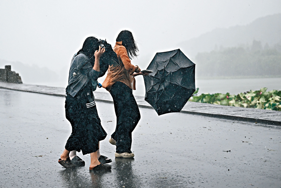 ●9日，西湖斷橋遊人雨傘被吹翻。 