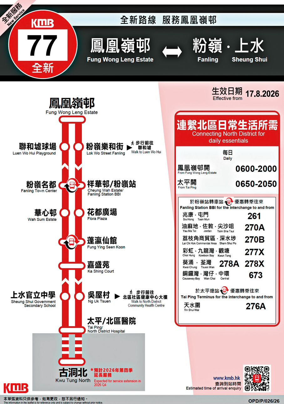 ●路線77連接鳳凰嶺邨與粉嶺上水一帶。 