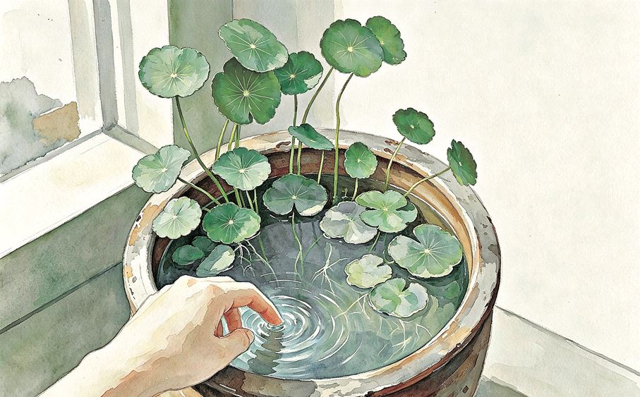 ●牆角擺着一盆水培銅錢草。   AI繪圖