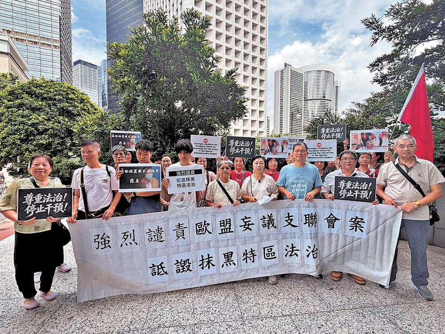 ●宋女士一行昨日在歐盟駐港澳辦事處外集會，強烈譴責歐盟是非不分，肆意抹黑特區法治。 受訪者供圖