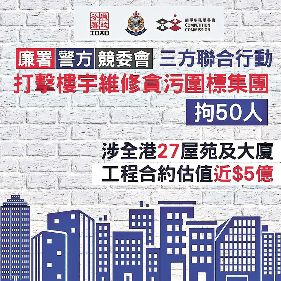●廉政公署、警方及競委會雷厲風行嚴打圍標非法活動。 廉政公署Fb圖片