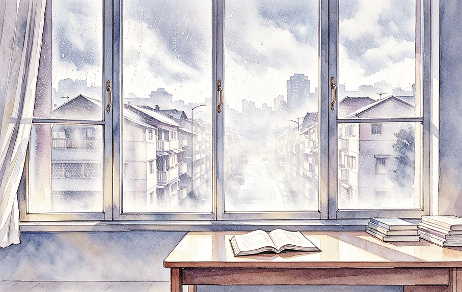 ●房間裏靜得出奇，只餘雨聲與翻動書頁的沙沙聲交替起落。 AI繪圖