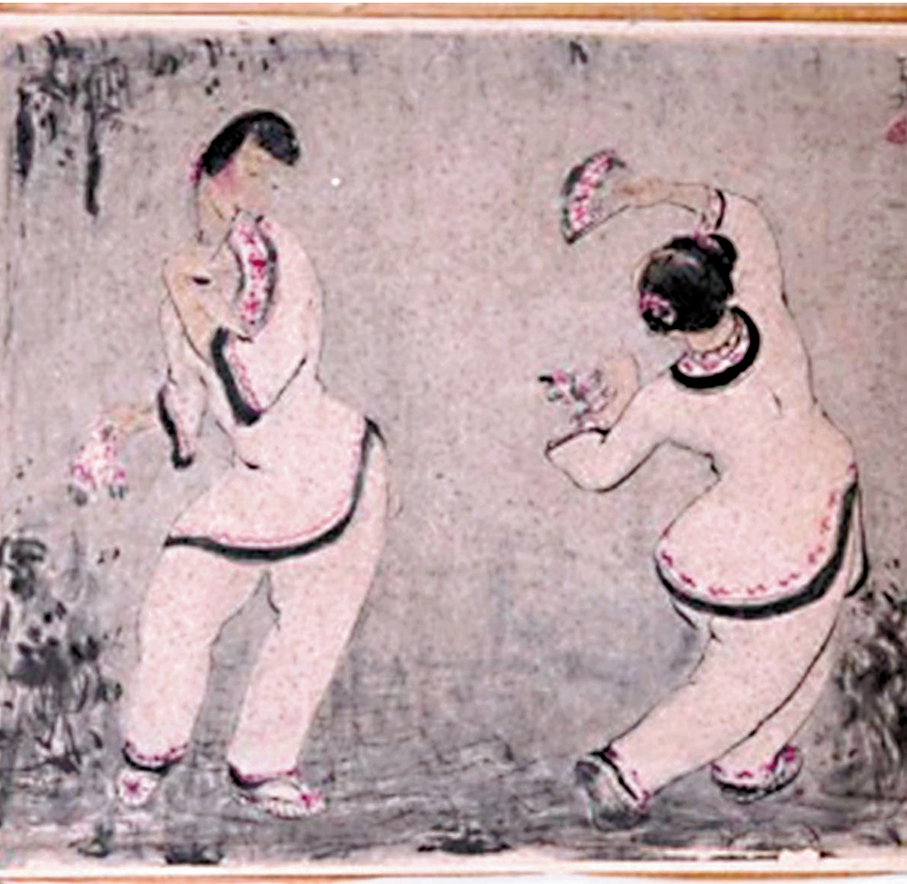 ● 作品《雙人扇舞》：1950年代，潘玉良的創作向中國民間藝術深度挖掘，壁畫、年畫、刺繡都成為她的靈感來源。
